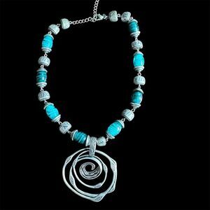 Blue/Teal & Silver Spiral Beaded Necklace Engraved Pendant Blue